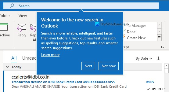 Instant Search Box missing in Outlook