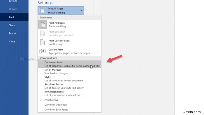 How to print Document Properties while printing Word document