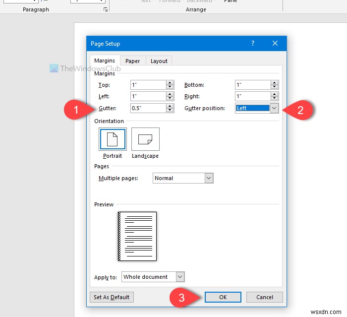 How to change default Gutter Margin size and position in Word