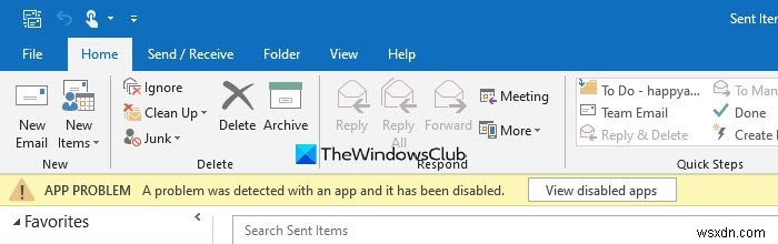 A problem was detected with an app or add-in – Outlook error message