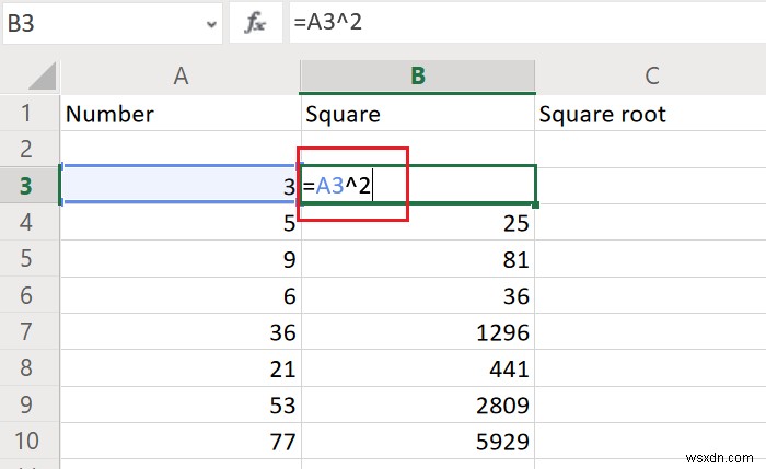 How to find the Square and Square Root of a number in Excel