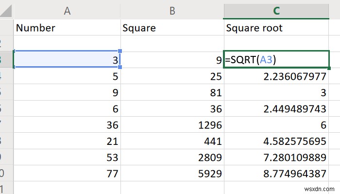 How to find the Square and Square Root of a number in Excel