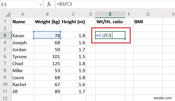 Calculate Weight to Height ratio and BMI in Excel using this BMI calculation formula