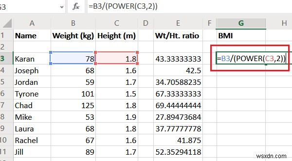 Calculate Weight to Height ratio and BMI in Excel using this BMI calculation formula