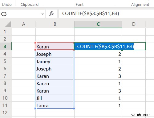 How to count duplicate values in a column in Excel