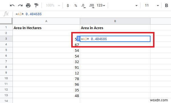 How to convert cells between Hectares and Acres in Excel