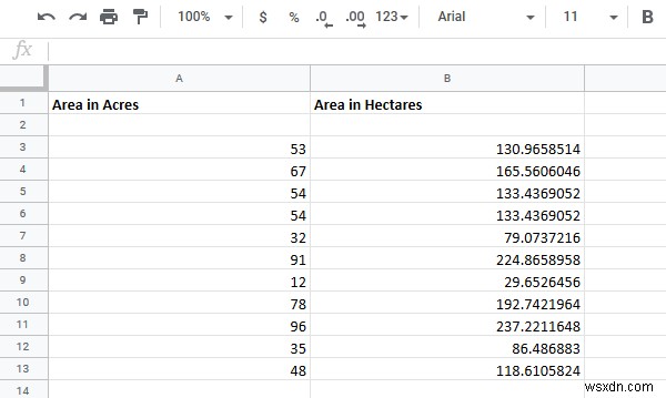 How to convert cells between Hectares and Acres in Excel