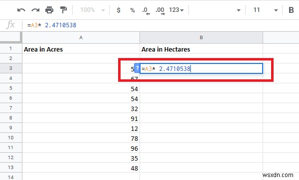 How to convert cells between Hectares and Acres in Excel