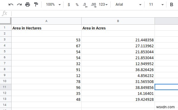 How to convert cells between Hectares and Acres in Excel