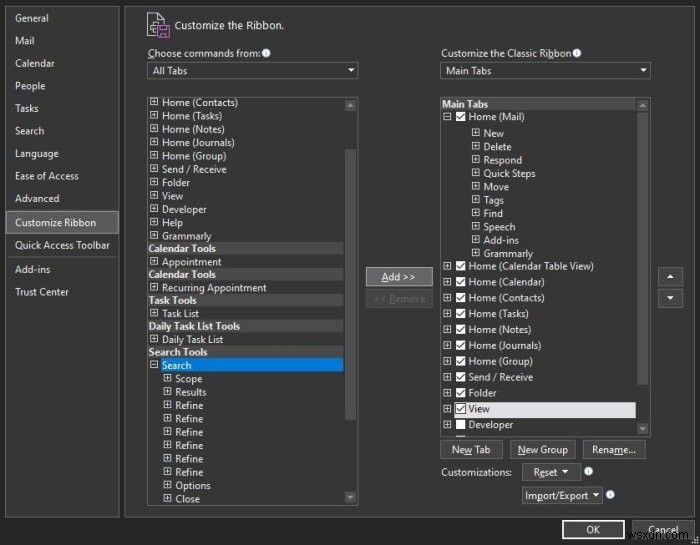 How to add the Search tab to the Outlook Ribbon