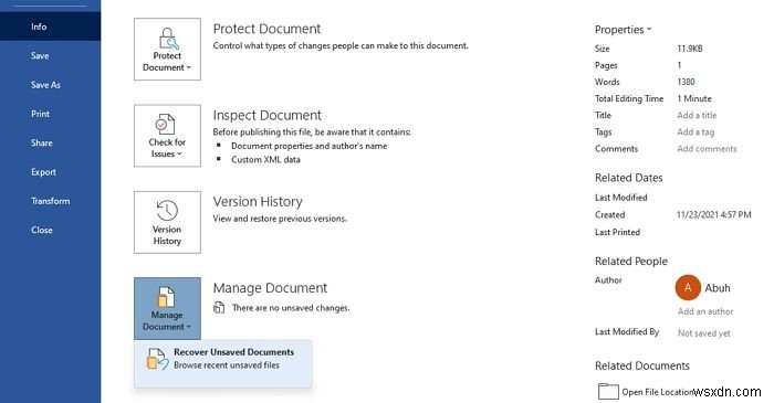 How to recover Recent Unsaved Word Document File version
