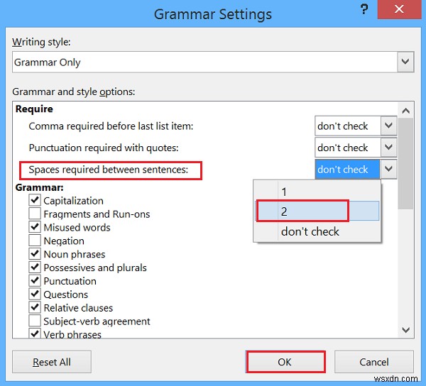 How to add two spaces after a period in Word