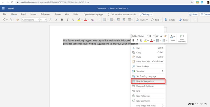 How to use Microsoft Word Rewrite Suggestions feature in Word for Web