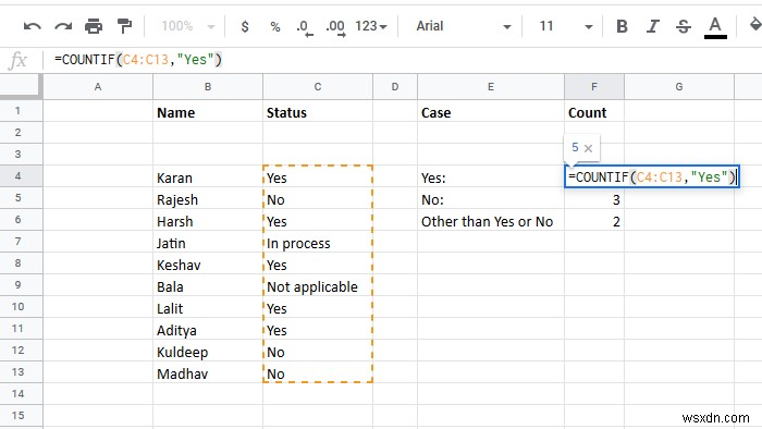 How to count the number of Yes or No entries in Excel