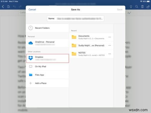 How to save Microsoft Office files to Dropbox on iPad