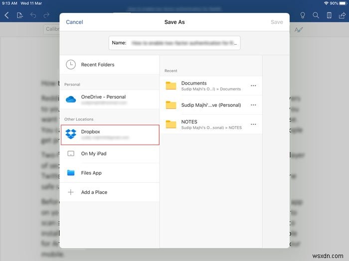 How to save Microsoft Office files to Dropbox on iPad