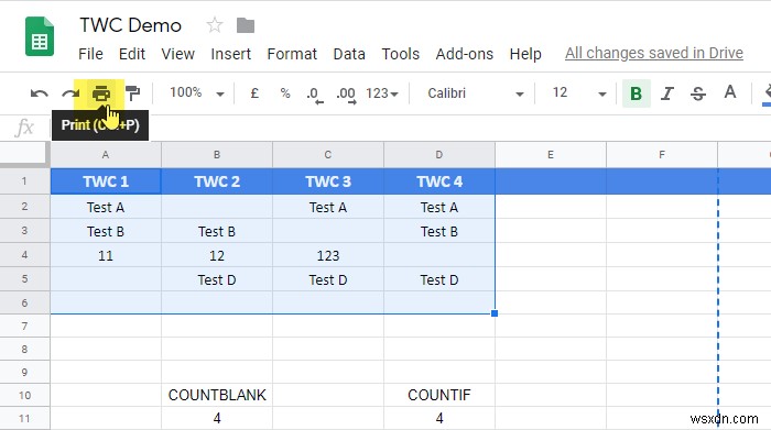 How to print selected cells in Microsoft Excel or Google Sheets
