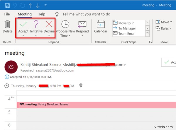 Outlook Meeting Response Options are not visible for Invite