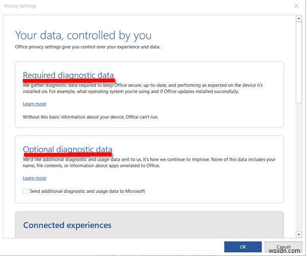 Your data, controlled by you notification in Office Apps
