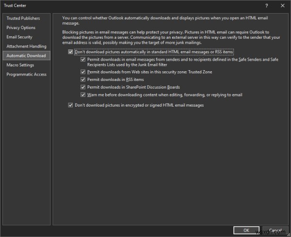 Make Outlook automatically download pictures in email messages