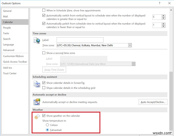 How to change Calendar Weather Temperature from Fahrenheit to Celsius in Outlook