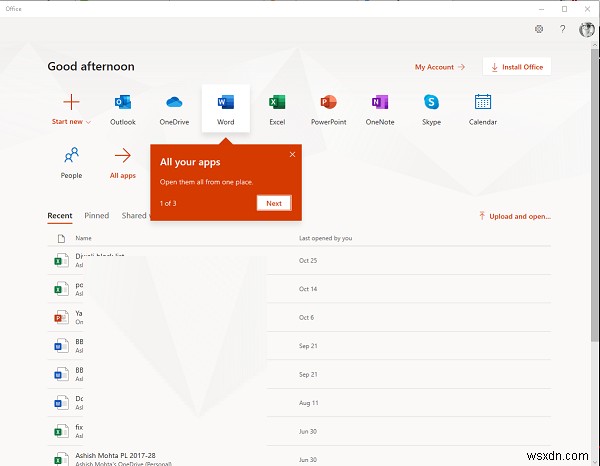 Let us take a look at the Office App in Windows 10