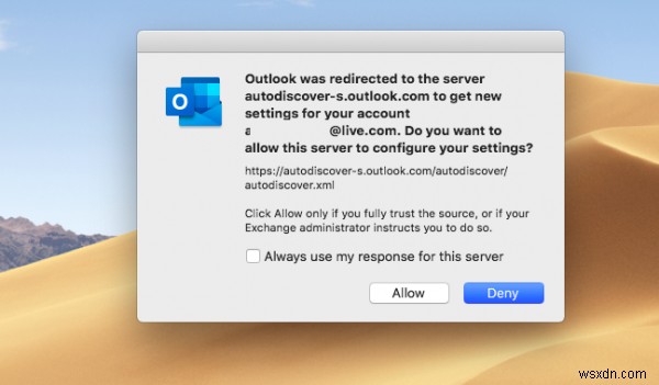 How to suppress the AutoDiscover Redirect warning in Outlook for Mac