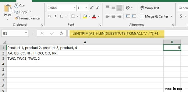Count number of comma separated values in single cell in Excel and Google Sheets