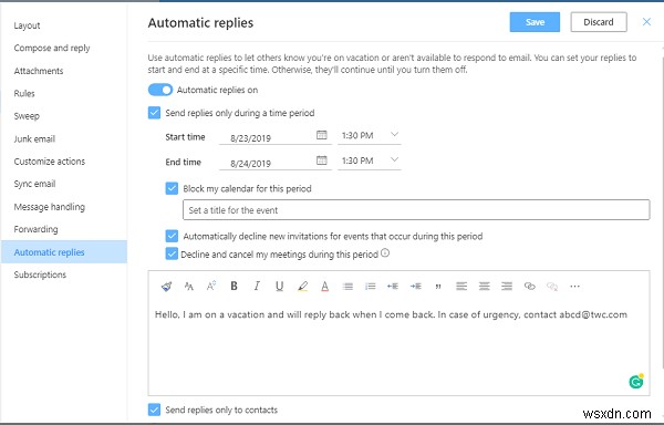 How to set up Automatic Replies or Vacation Reply in Outlook