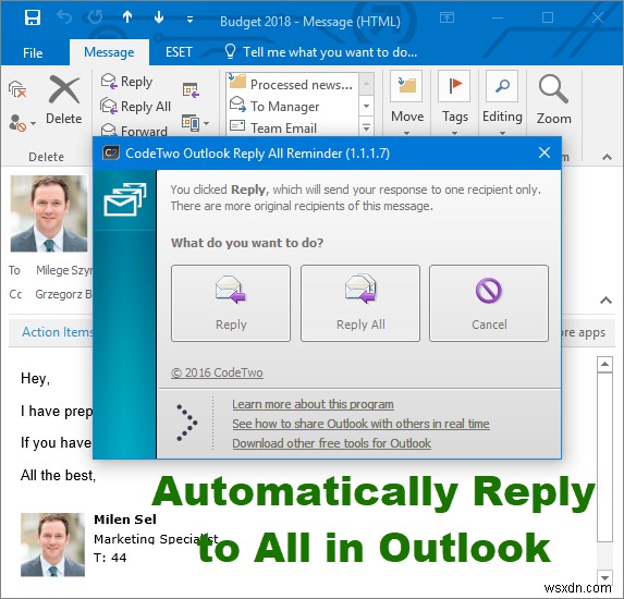 Automatically Reply to all in Outlook using Reply All Reminder Plugin