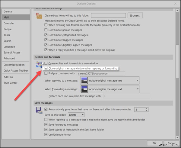 How to configure Microsoft Outlook to close a Message after replying