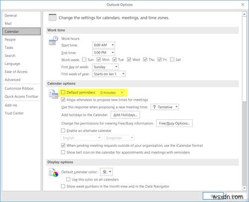 Turn off Outlook Calendar reminders and popup notifications