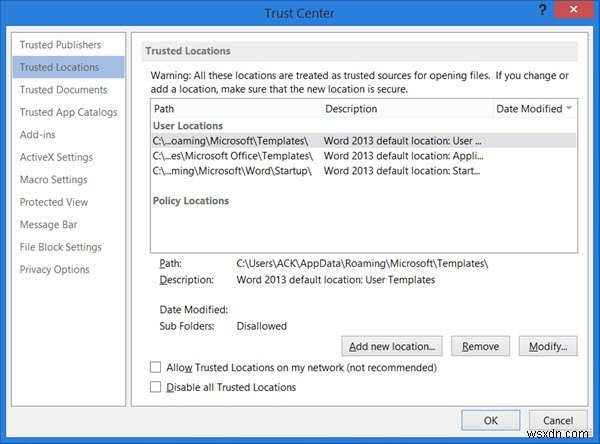 Add, remove, or modify Trusted Locations in Microsoft Office