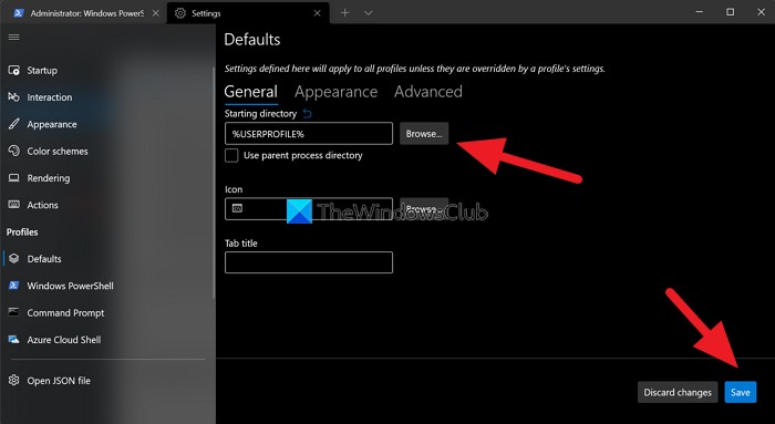 How to change Starting Directory in Windows Terminal