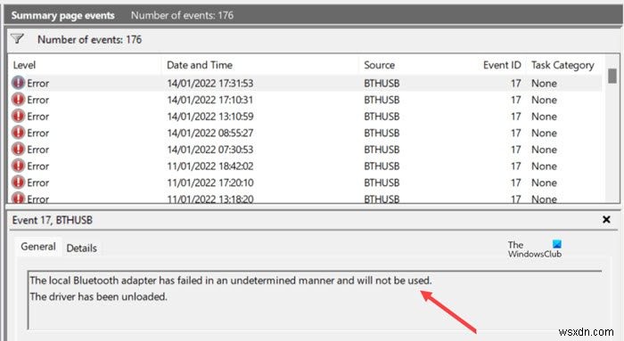 The local Bluetooth adapter has failed in an undetermined manner and will not be used