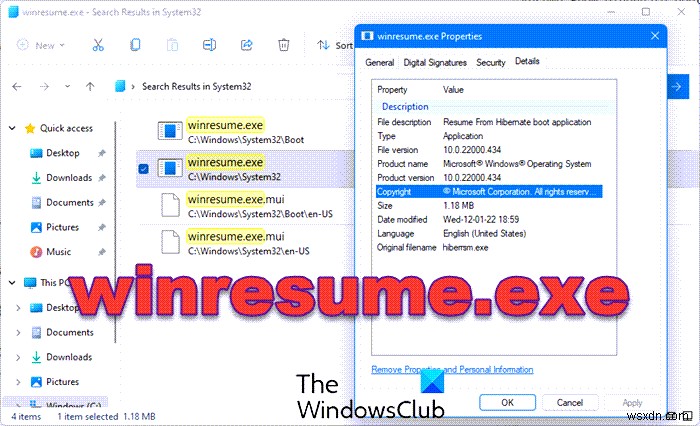 What is winresume.exe and where is it located?