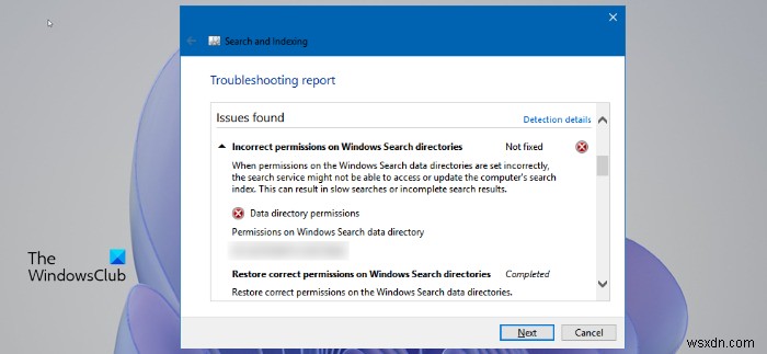 Incorrect permissions on Windows Search directories in Windows 11