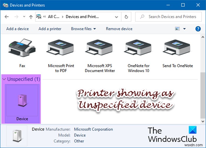 Printer showing as Unspecified device on Windows computer