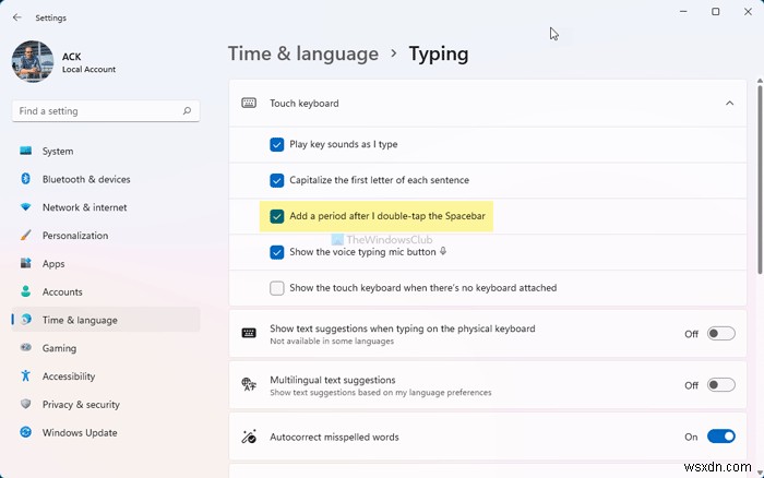 How to stop Touch keyboard from showing Period after double-tapping the Spacebar