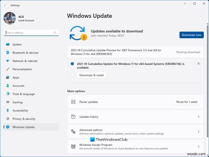 Windows Update Settings in Windows 11