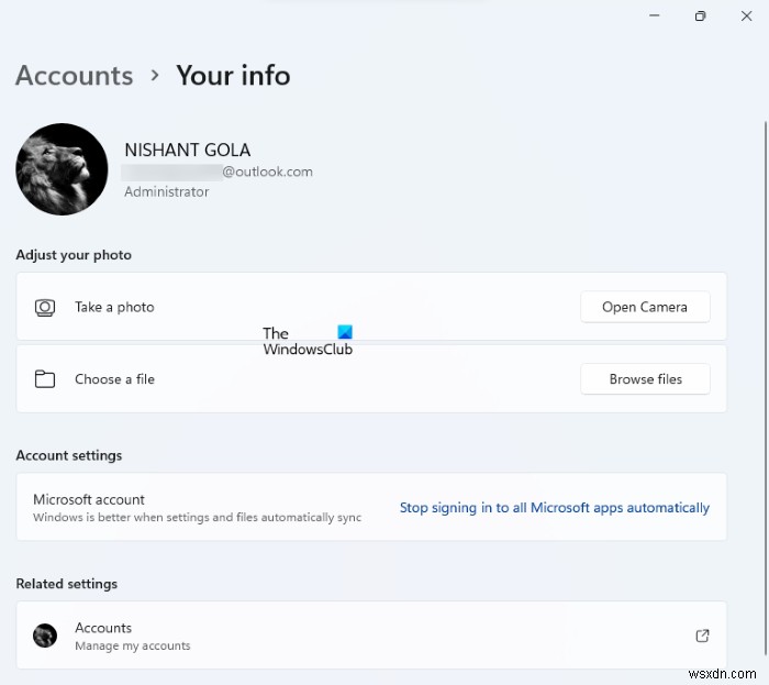 User Accounts Settings in Windows 11