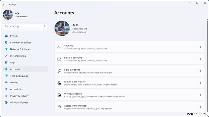 User Accounts Settings in Windows 11