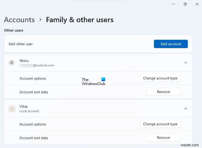 User Accounts Settings in Windows 11