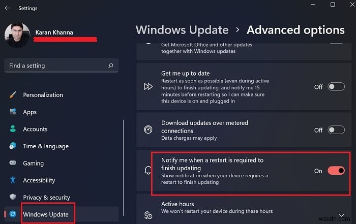 How to Disable or Enable Update Restart Notification in Windows 11