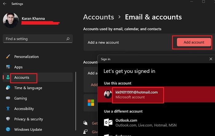 How to add a New Account for Email, Calendar and Contacts in Windows 11