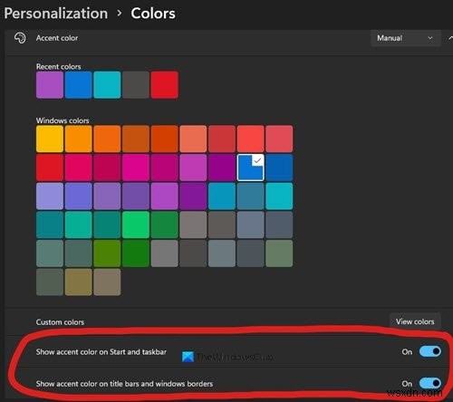 How to turn Accent Color On or Off for Start Menu and Taskbar in Windows 11