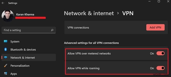 How to allow VPN over metered connection and while roaming on your Windows 11 computer