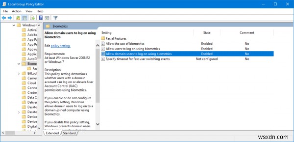 Disable or Enable Biometrics Sign In on Windows joined to a Domain
