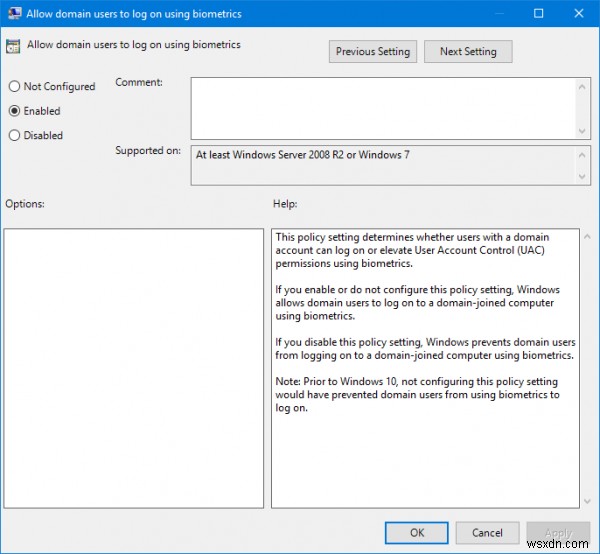 Disable or Enable Biometrics Sign In on Windows joined to a Domain