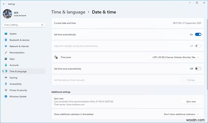 How to change or sync Time in Windows 11